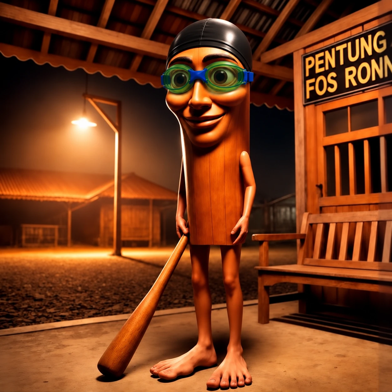Nas Nas Nas Sahur wooden night watchman with goggles and a bat